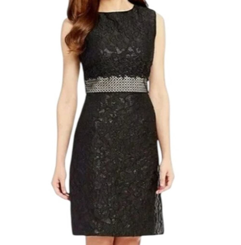 NWT Antonio Melani Women's Size 12 Black Sheath Dress Metallic Lace Sleeveless